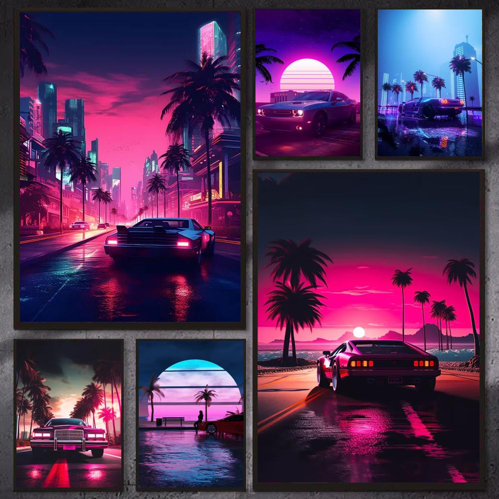 Cyberpunk 80s Retro car city P - مراجعة Retro Gaming Wallpaper وسعره