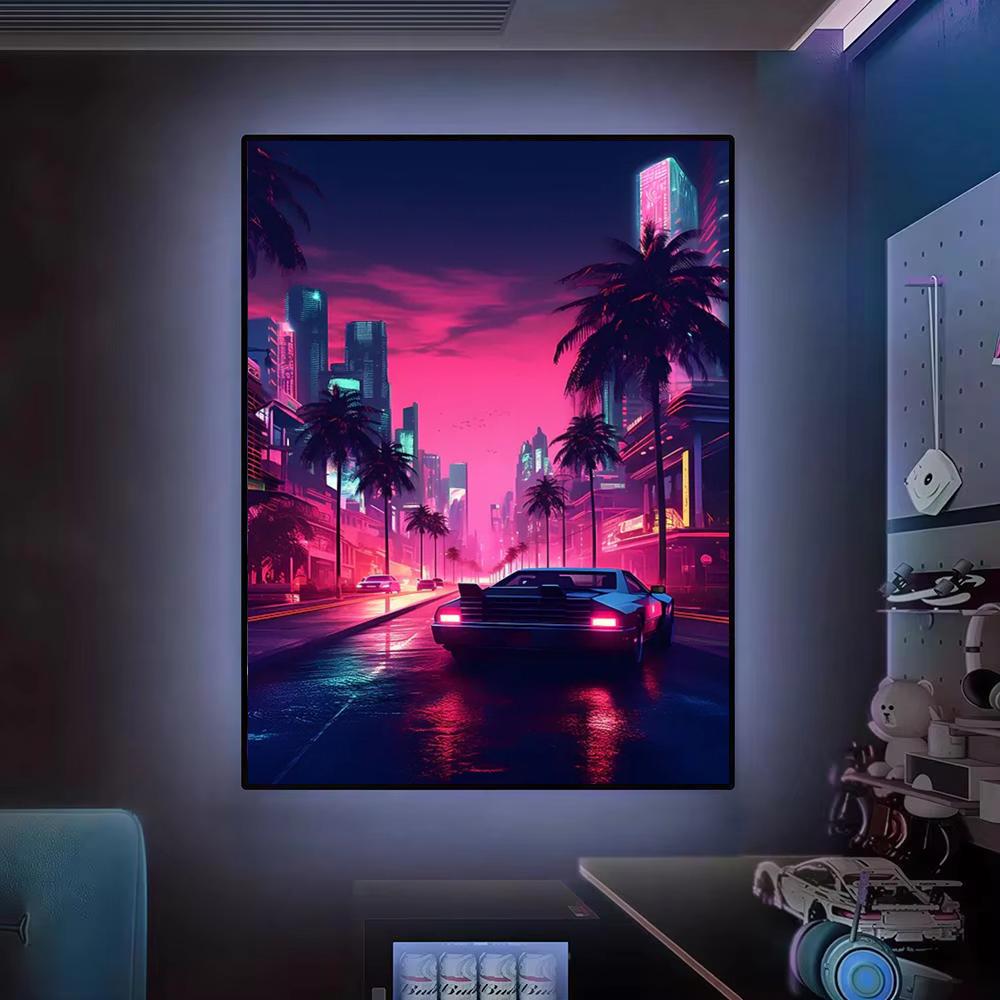 Cyberpunk 80s Retro car city P - مراجعة Retro Gaming Wallpaper وسعره