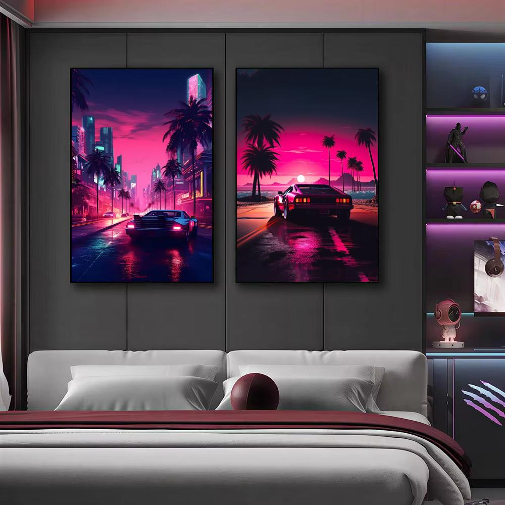 Cyberpunk 80s Retro car city P - مراجعة Retro Gaming Wallpaper وسعره
